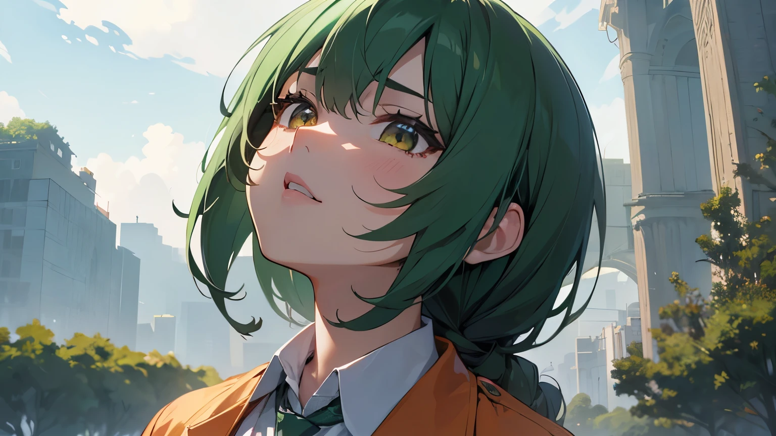 One person, , UHigh resolution, retina, masterpiece, Accurate, Anatomically correct, Textured skin, Super Detail, Attention to detail, high quality, Awards, 最high quality, High resolution, High resolution, 4K,(anime,8k,masterpiece, 最high quality, 最high quality,beautifully、aesthetic:1.2,Professional illustrations:1.1,Super detailed:1.3,Perfect lighting),Very detailed,Most detailed,Incredibly absurd,High resolution,Super detaileded,Complex:1.6, Looking Up Pose,Green Hair,Orange jacket,White collar shirt,Looking up at the grey sky with no blue sky
