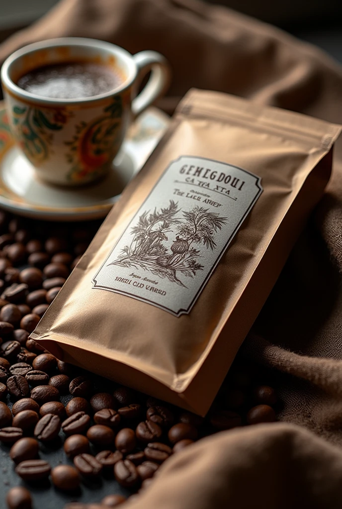 Photo of coffee product and its packaging with a unique concept, sprinkled with coffee and decorated with a cup filled with coffee ridwangrapher on the packaging