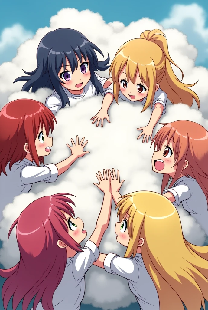 An anime-style illustration depicting girls and ladies playfully wrestling with each other inside a comical fight cloud.
each girl and lady has different  colored hair.
their faces,hands,and feet are visible emerging from the cloud as they tussle humorously,  with the rest of their bodies completely hidden inside the cloud.
the illustration emphasizes the humorous and energetic nature of their scuffle,with a fluffy  andexaggerated fight cloud.