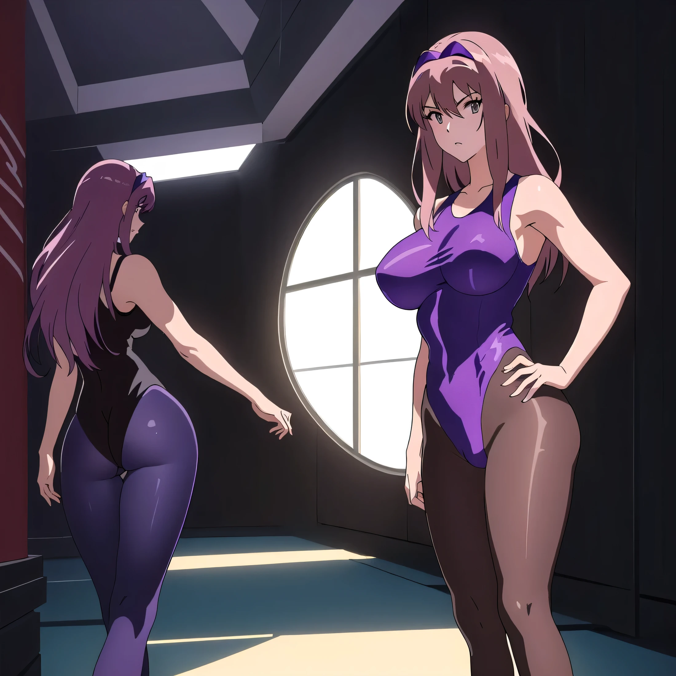 Close-up of a woman with long purple hair, Brown eyed woman, solo, Big Breasts, had very large breasts, Made by Anime Artist Studio, Boobs, clothing:Purple leotard, A woman is standing, leotard with an purple, Anime Style, Muscular Woman, feminine and muscular, Skin-tight leotards, tall, High school girls, Adult sex appeal, Wore pantyhose, Anime dick!!!!, Skin tight pantyhose, leotard top with an tank top, leotard bottom with an high leg,pantyhose with an brown, Bare shoulders, Bare Arms, Leotard and pantyhose only, Cowboy Shot, looking at viewer, Female focus,