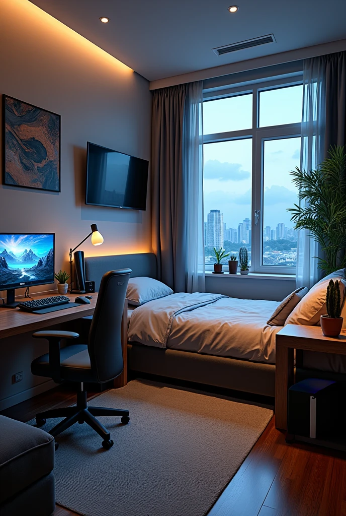 Room with a single bed and a Hammer table with a gaming PC with two monitors on the table, a gaming keyboard on the table and a gaming mouse on the table and a 50-inch television on the wall and next to the television a window and next to the window a wardrobe with sliding doors and below the television a Playstation 5 and above the television an air conditioner.
