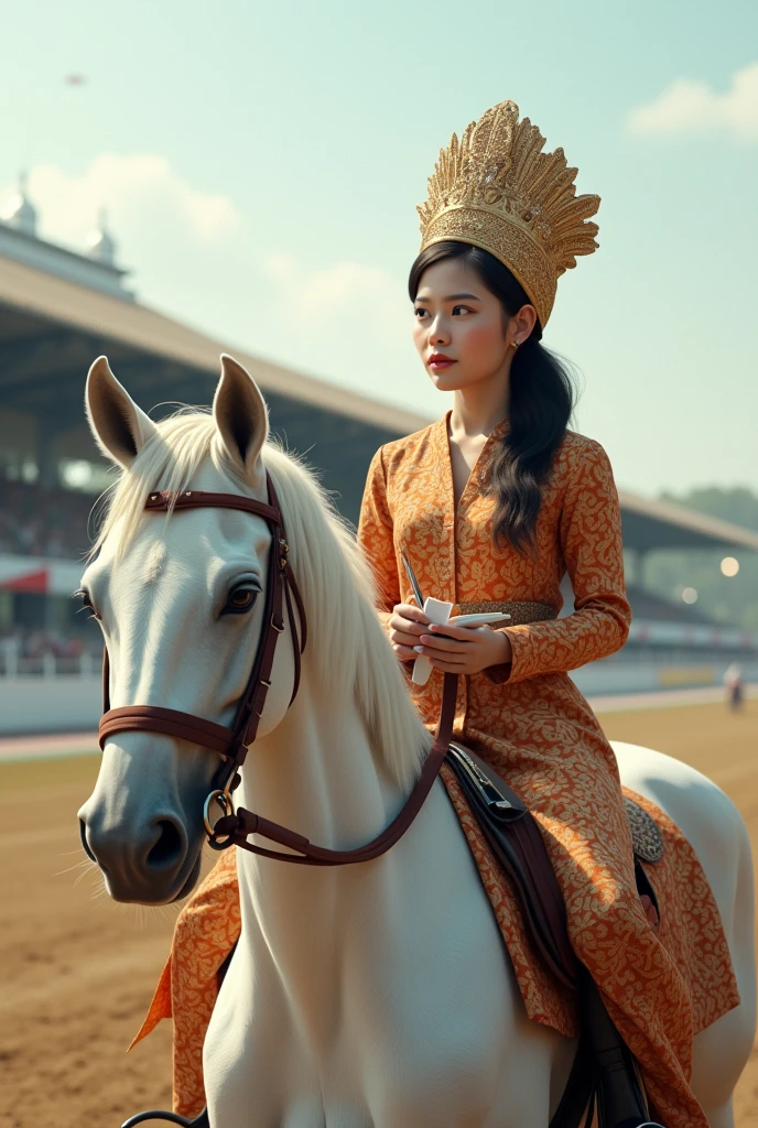 best quality, super detailed, super realistic, 15:9 ratio, depicts a beautiful round-faced Indonesian woman sitting on a white horse next to her there is an Indonesian man wearing a blangkon with a slightly fat head, standing holding a pen and pen, in the racetrack