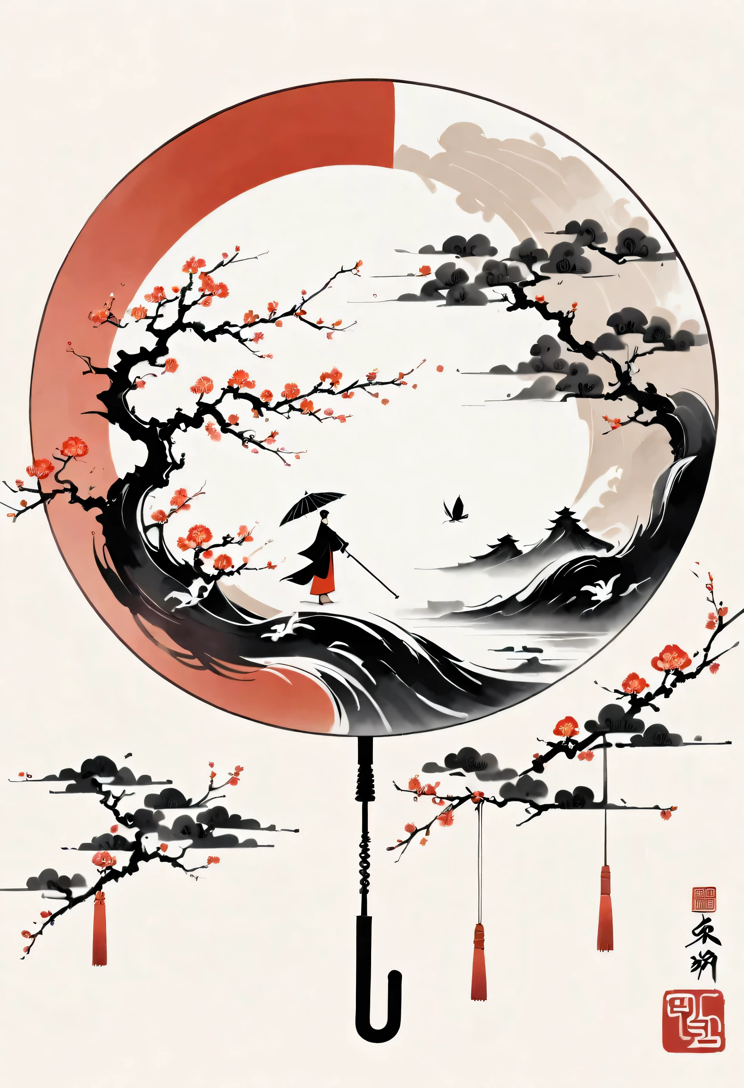 Bada Shanren style,Chinese Ink Painting，Simple style，is capitalized，Very simple picture，Falling Flowers，umbrella，