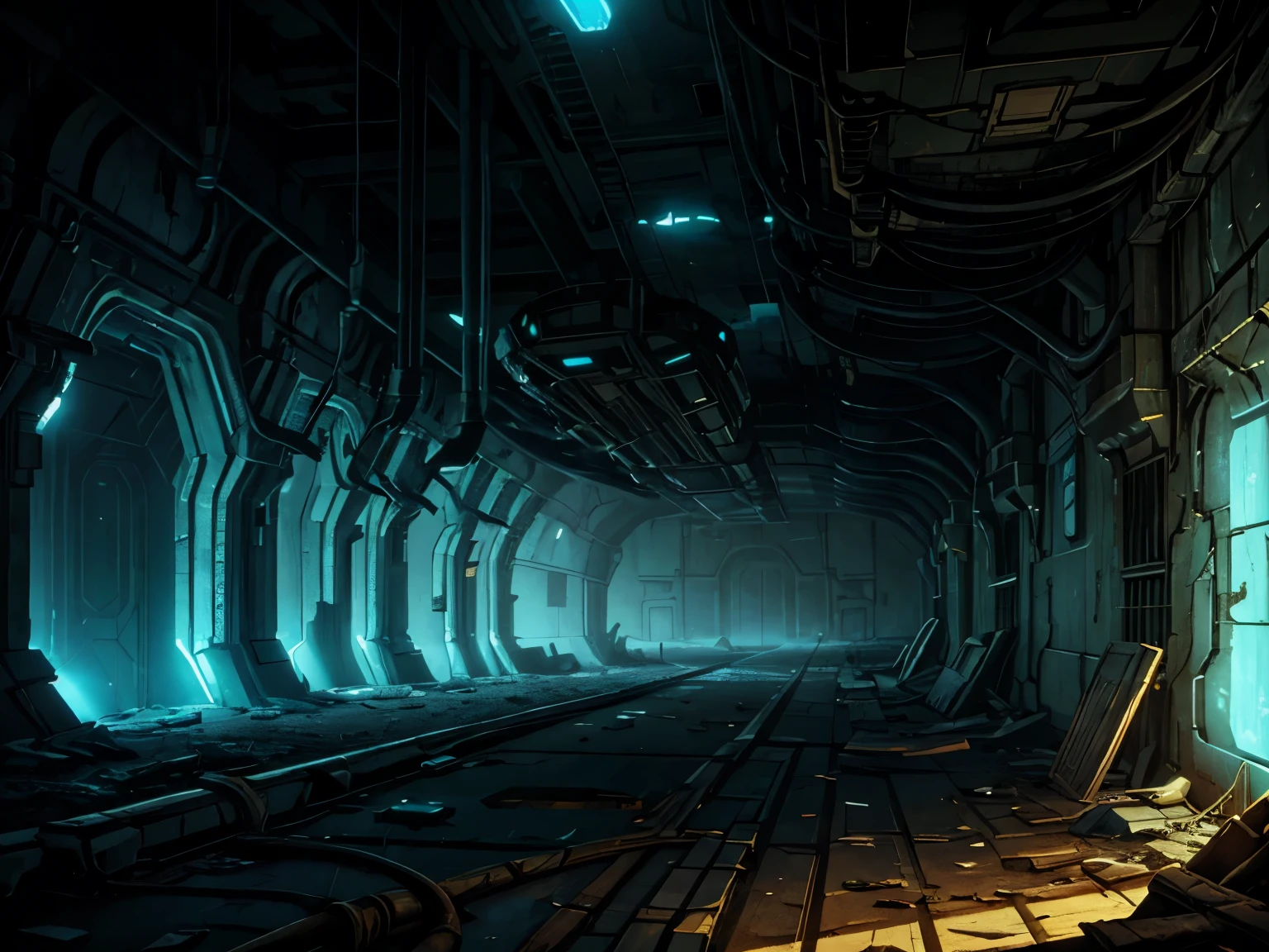 masterpiece, great detail, SciFI abandoned spaceship, wrecked ship, destroyed hallways, Cables, Cables, Lights, darkness, walls walls