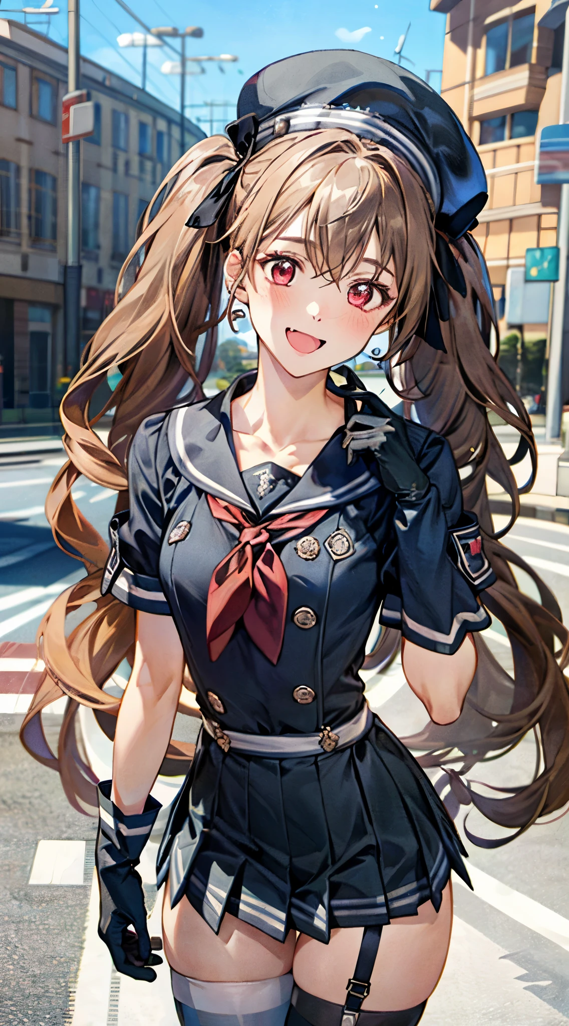 (masterpiece:1.3, Highest quality), Ultra-high resolution, Super detailed, (Realistic, photoRealistic:1.4), Beautiful illustrations, Perfect lighting, colorful, Depth of written boundary,
View your viewers, 1 person, alone, Miranda, (Medium chest:0.8, Big Ass, Captivating thighs, Skin Dentition),
(very long hair, Twin tails, (beige) hair), hair between eyes, Red eyes, Fang, Glowing Skin,
beautiful hair, Beautiful Face, Highly detailed face, Beautiful attention to detail, Beautiful clavicle, Beautiful body, Beautiful breasts, Beautiful thighs, Beautiful feet, Beautiful fingers,
(Black Hat, Seraph of the Black, abdomen, suspenders, Red neckerchief, black pleated mini skirt, Black gloves, Black knee socks),
(Beautiful views), Daytime, Outdoor, (walk), (Smile, Open your mouth),