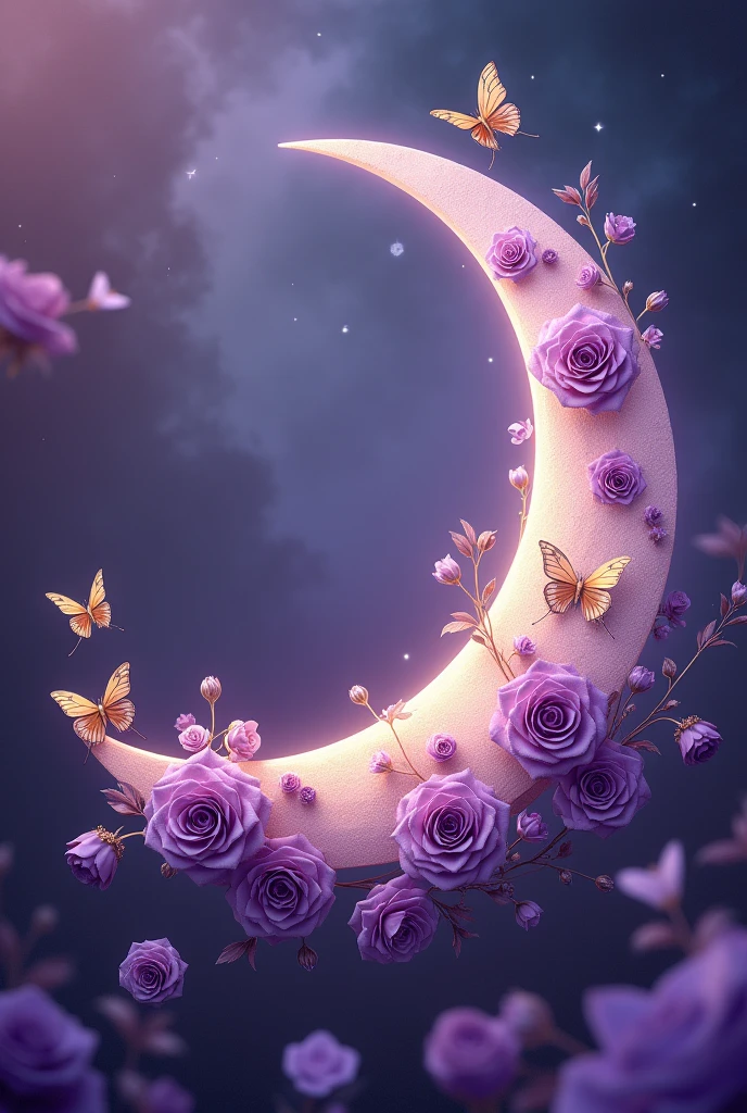 half moon decorated with purple roses and butterflies, by John La Gatta, artstation, seni digital, round logo, in the month, tifa lockaert, purple and gold color scheme, Letter, except, professional logo design, Twitter, from italica, sangat detail -i, flexible, it's afternoon, professional profile picture, catia, symbol
