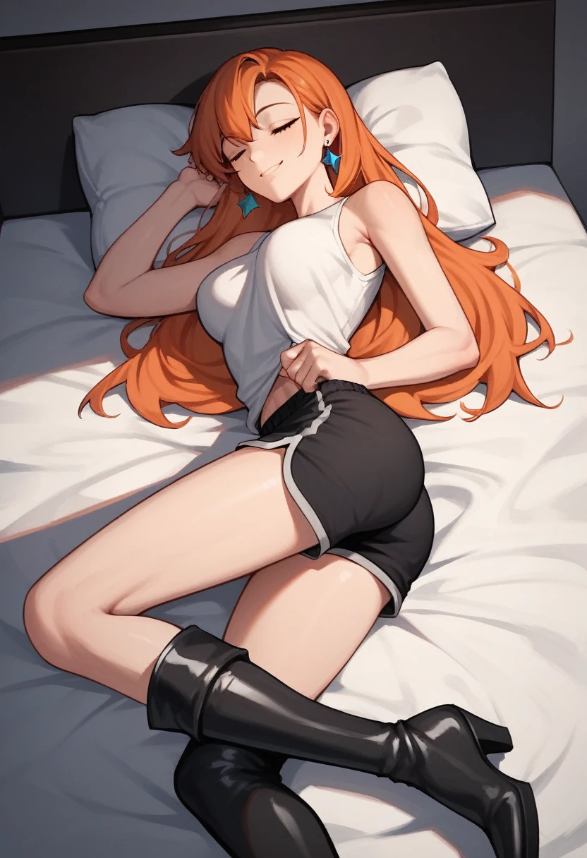 score_9, score_8_up, score_7_up, score_6_up, score_5_up, score_4_up, source_anime, 1girl,masterpiece, medium breasts, slim girl, NamiFinal, 1girl, hot, orange hair, solo, long hair, jewelry, sleep, shirt, shorts, smile, earrings, covered shoulders, black thigh high boots, seventh month of pregnancy, bed, She's lying on the bed, night, room, best quality, best res, 4K UHD,