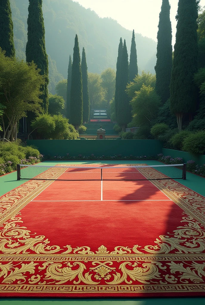 Tennis court filled with a large size rug