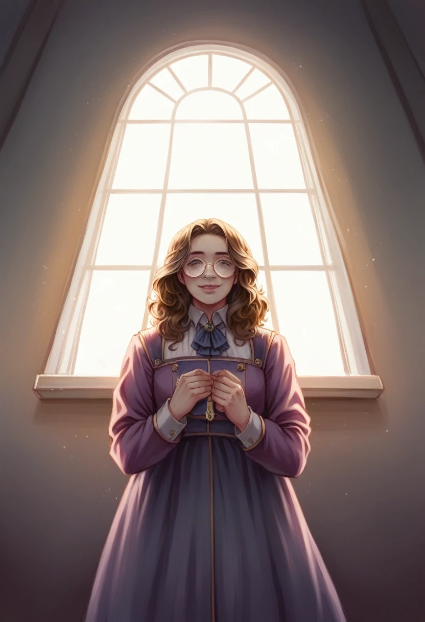 (Best quality, Ultra detailed, Golden ratio, Masterpiece:1.2), Theatrical lighting:0.7, Photo of a woman, dressed in a very elegant and pretty dress, Perfect rare face, (Highly detailed skin),brown clare hair, Hide your mouth with your hands、Ridicule, skin texture, Pale skin, shiny skin, (thin, large size:1.2), [:(Sharp focus on rare face, perfect eyes:1.2):0.2], photorealistic, film grain, Put one foot forward、from below looking up、look at camera、Emphasize the shoulders, Focus on face、Stockings、glasses、Smile with corners of mouth raised、disdainful expression, summer haze, muted colors, muted warm colors, Photo cinematic portrait of a woman dressed in a pink uniform school sitting by the window in the early morning, cinematic, (tilted:1.3) (on an old train) look cautious, standing under a spotlight, volumetric dust clouds, key light, backlight, soft natural lighting, photography Film grain ISO 400 30 mm lens RAW f1.8 aperture, highly detailed (analog photography:1), colors hdr
