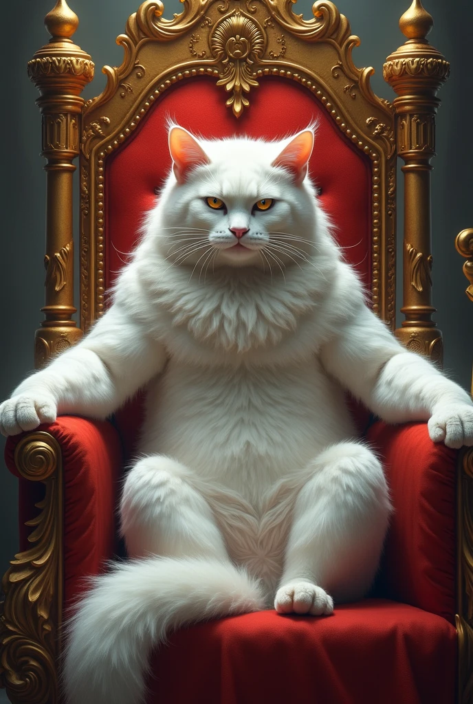  a male white cat, strong king, on her throne, holding stick, with angry facial expression