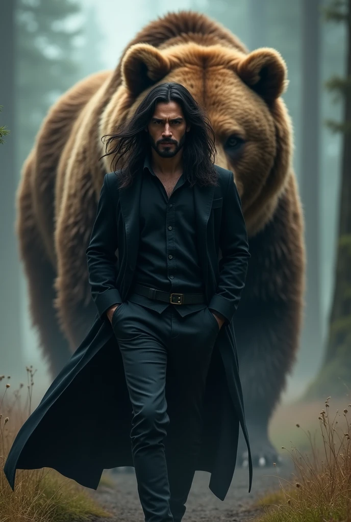 man resembling Can Yaman, long hair and strong look, in a flowing black coat walking with his hands in his pockets, with a huge brown bear behind him