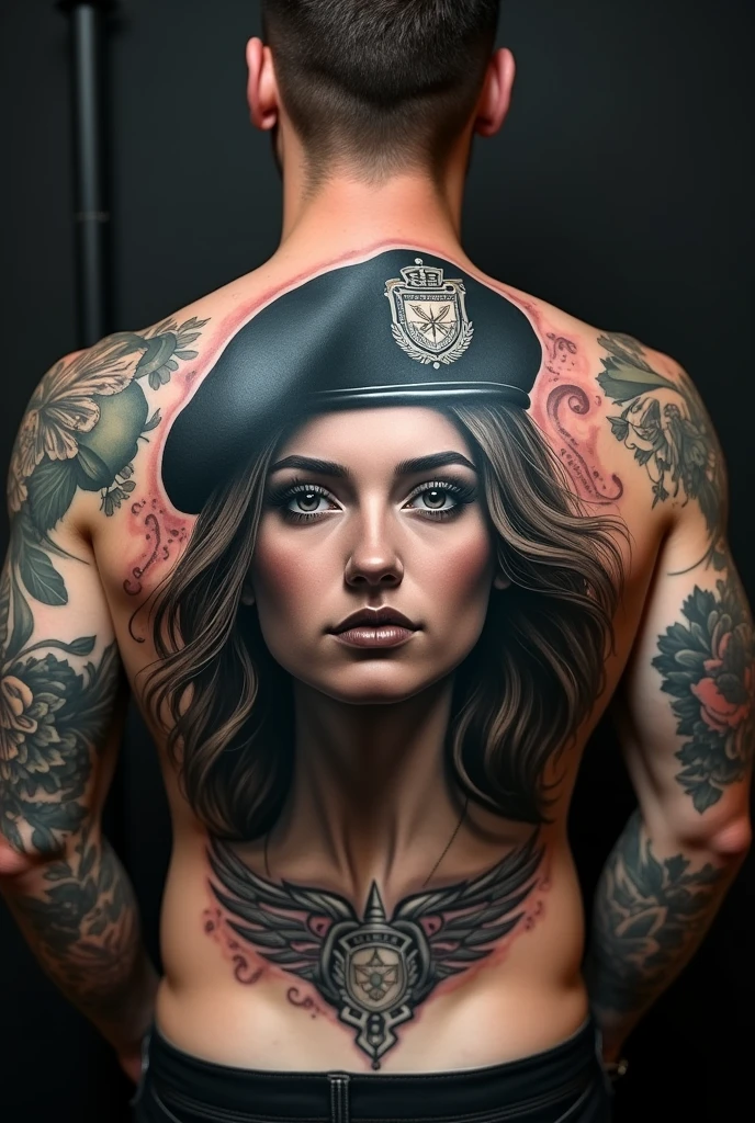 The face of a very young woman with a black and white military beret tattooed on a man's back along with other tattoos related to the military