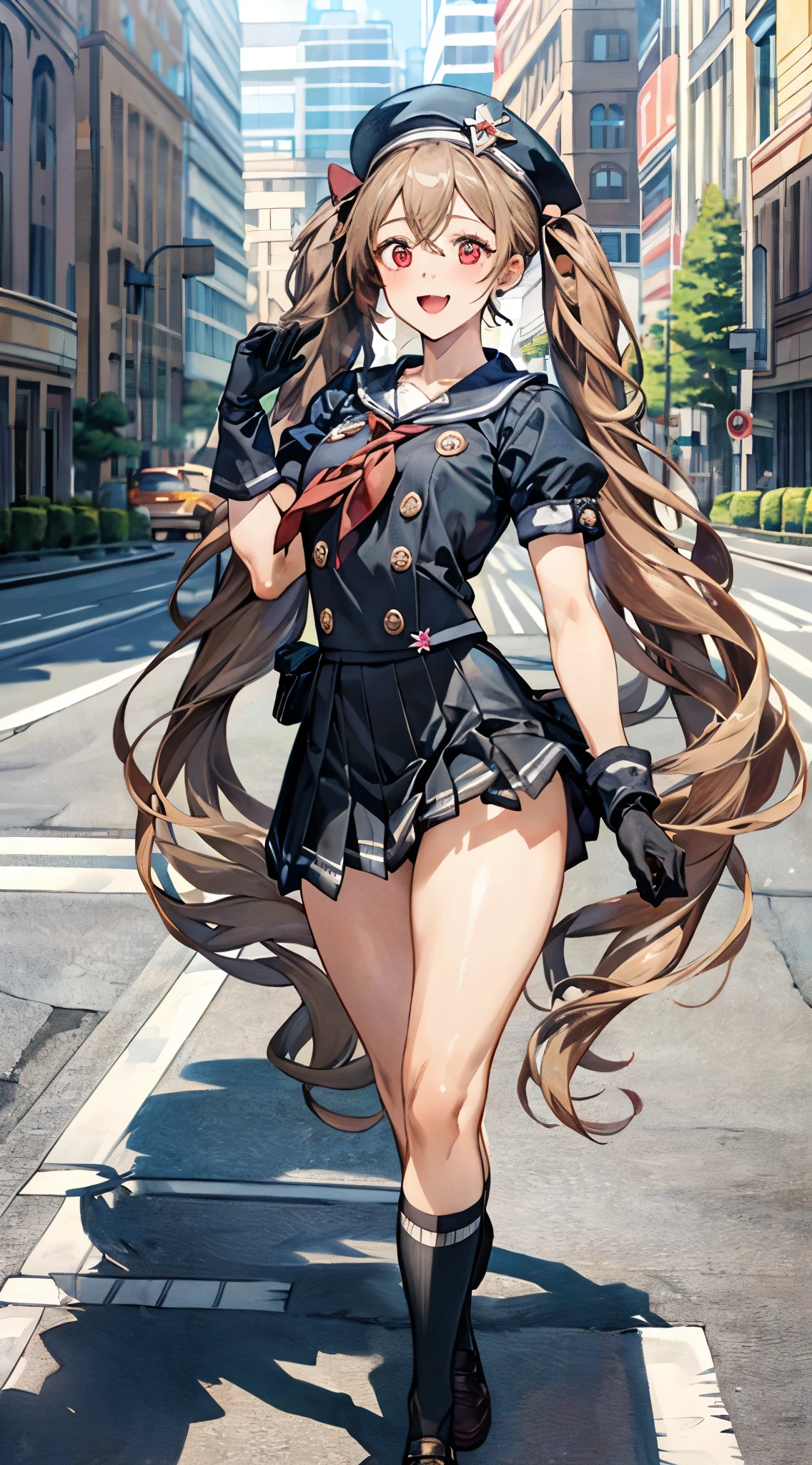 (masterpiece:1.3, Highest quality), Ultra-high resolution, Super detailed, (Realistic, photoRealistic:1.4), Beautiful illustrations, Perfect lighting, colorful, Depth of written boundary, 
View your viewers, 1 person, alone, Miranda, (Medium chest:0.8, Big Ass, Captivating thighs, Skin Dentition),
(very long hair, Twin tails, (beige) hair), hair between eyes, Red eyes, Fang, Glowing Skin, 
beautiful hair, Beautiful Face, Highly detailed face, Beautiful attention to detail, Beautiful clavicle, Beautiful body, Beautiful breasts, Beautiful thighs, Beautiful feet, Beautiful fingers, 
(Black Hat, Seraph of the Black, abdomen, suspenders, Red neckerchief, black pleated mini skirt, Black gloves, Black knee socks), 
(Beautiful views), Daytime, Outdoor, (walk), (Smile, Open your mouth), 