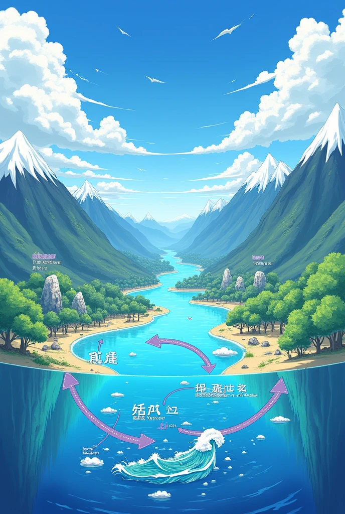 A diagram of a water cycle with well labelled,with sea,mountains,clouds,river connecting to sea.
(in anime version)