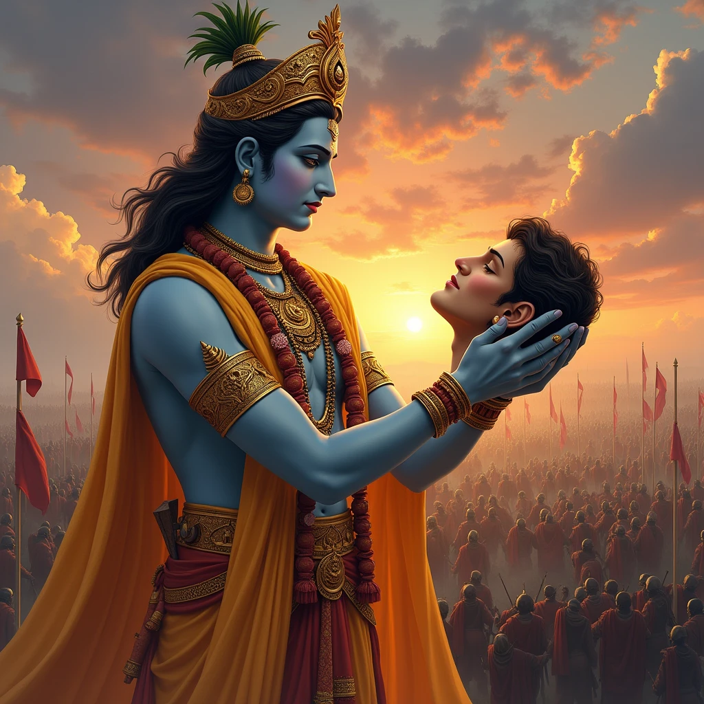 An image of Lord Krishna holding Barbarik's severed head with a serene expression. Barbarik's face could have a peaceful and accepting look. The background could depict the battlefield of Kurukshetra, with armies clashing in the distance