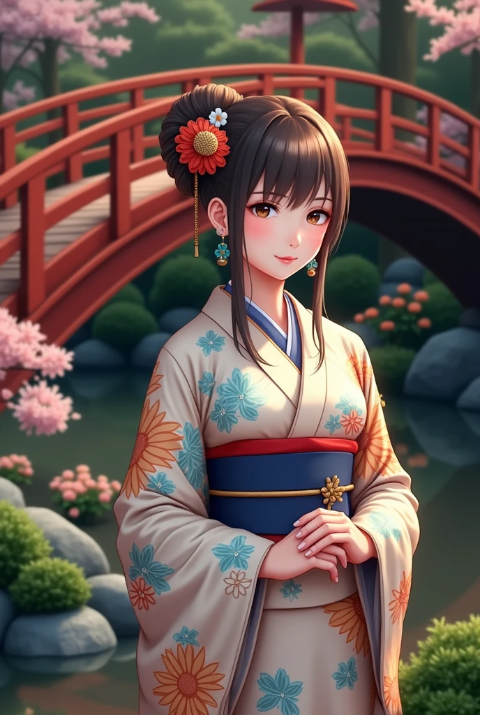 (masterpiece、Highest quality、8k、High resolution)、Traditional Japanese beauty in kimono、Floral pattern on white background、Vibrant colors、Japanese garden、There is a pond、Colorful flowers、Vibrant colors、Cherry Blossom、There is a drum bridge、A complete portrayal、Detailed anime art、