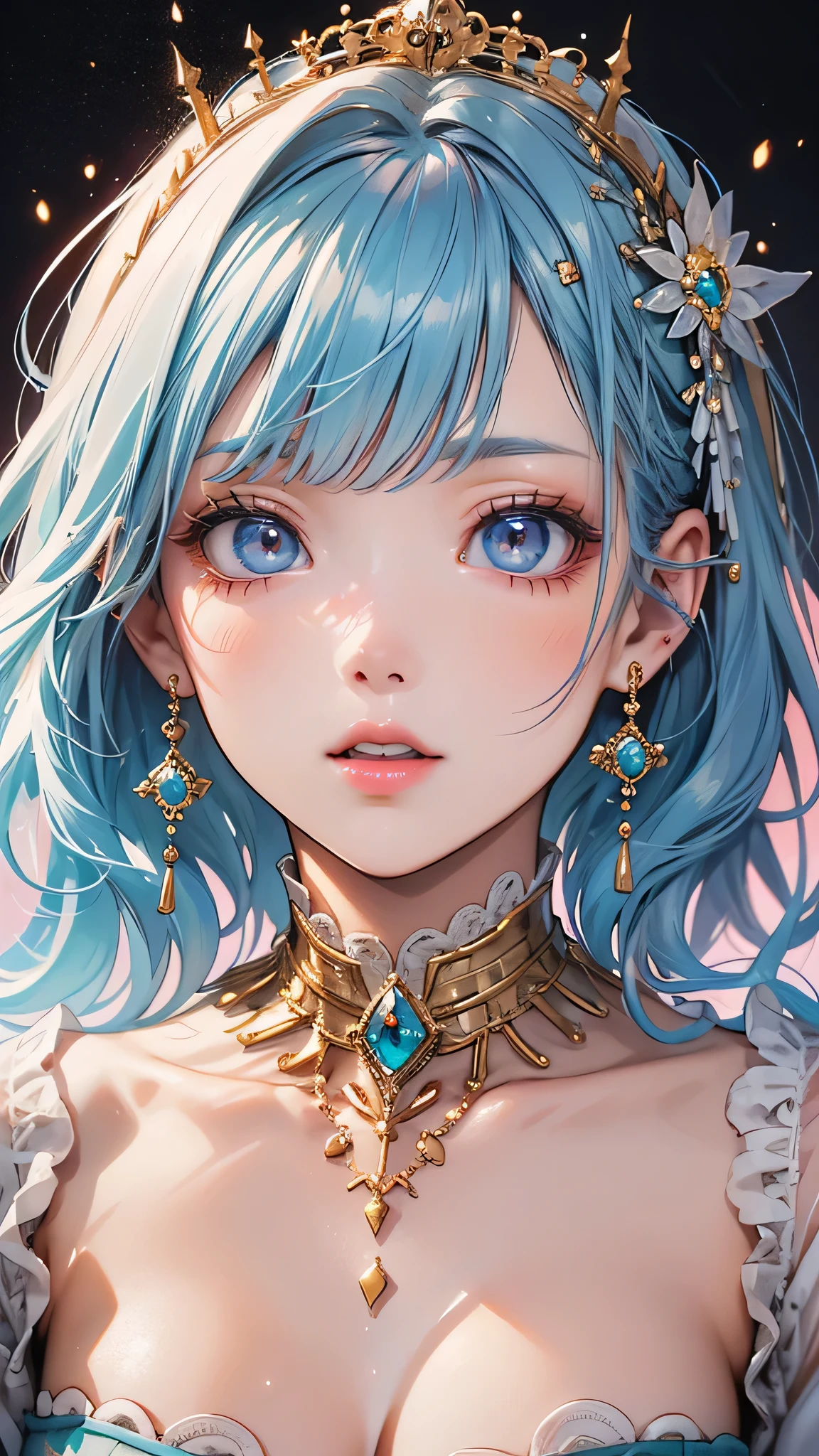 Highest quality, masterpiece, Ultra-high resolution, Super detailed, beautifully, aesthetic, (Beautifully detailed face), (Beautiful attention to detail), Detailed,Light blue hair, Turquoise Eyes, Long eyelashes, Big Red Lips, Apricot-colored eyes, beauty, Curly Hair, PRİNCESS