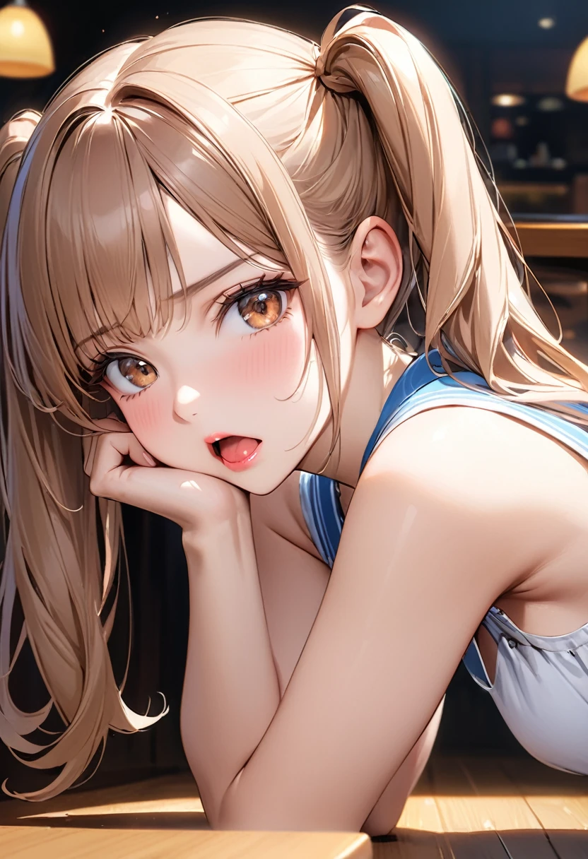 Highest quality, masterpiece, Ultra-high resolution, Realistic:1.2, RAW Photos, Intricate details, Portraiture,　big, beautiful brown eyes:1.2, Perfect contours, Perfect Proportions:1.2, One Girl, break　((Mouth close-up:1.2, ((From the side:1.2)), (Front shot:1.2), avert your eyes:1.2)), ((small, short, small:1.2)), Light brown hair、((Long Hair, Twin tails:1.2)), (compensate:1.2, Fuller lips:1.3, Pink Lips:1.3, Glossy Lips:1.3, Lips parted:1.2), (Talk to a food delivery robot:1.2), ((Silk sleeveless shirt:1.2, Silk skirt, Low heels)), break　((Raise both arms parallel to each other、Kneel on the floor、Leaning forward:1.2))、(Angry expression:1.2、Please open your mouth all the way), (The background is a family restaurant.:1.2、Several guests are dining), (Empty-handed)