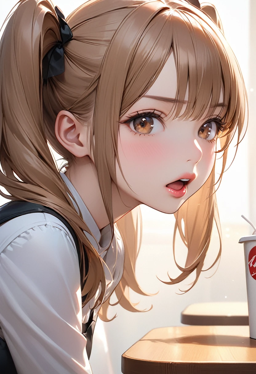Highest quality, masterpiece, Ultra-high resolution, Realistic:1.2, RAW Photos, Intricate details, Portraiture, big, beautiful brown eyes:1.2, Perfect contours, Perfect Proportions:1.2, One Girl, break ((Mouth close-up:1.2, ((From the side:1.2)), (Front shot:1.2), avert your eyes:1.2)), ((small, short, small:1.2)), Light brown hair、((Long Hair, Twin tails:1.2)), (compensate:1.2, Fuller lips:1.3, Pink Lips:1.3, Glossy Lips:1.3, Lips parted:1.2), (Talk to a food delivery robot:1.2), ((Silk sleeveless shirt:1.2, Silk skirt, Low heels)), break ((Raise both arms parallel to each other、Kneel on the floor、Leaning forward:1.2))、(Angry expression:1.2、Please open your mouth all the way), (The background is a family restaurant.:1.2、Several guests are dining), (Empty-handed)