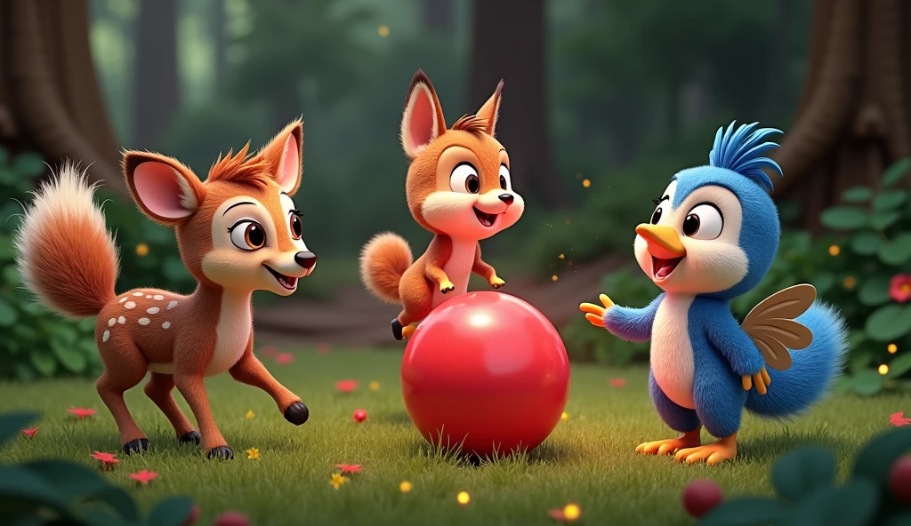 Create in 3d animation style for the group of the kids of 5 years Forest Friends’ Big Ball Adventure" deer, squirrel and the colourful bird with red ball."