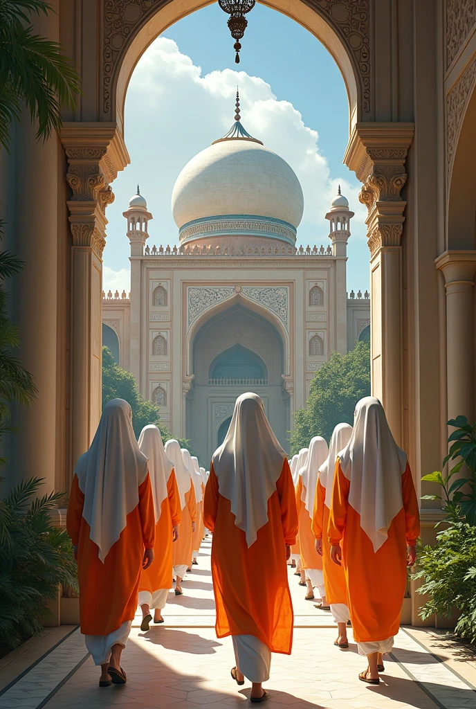 Create a image of madarasa that's name is Darul uloom FAIZAN E SARKAR E KALAN,and 40 girl in orange kurta white salwar and white hijab are entering in