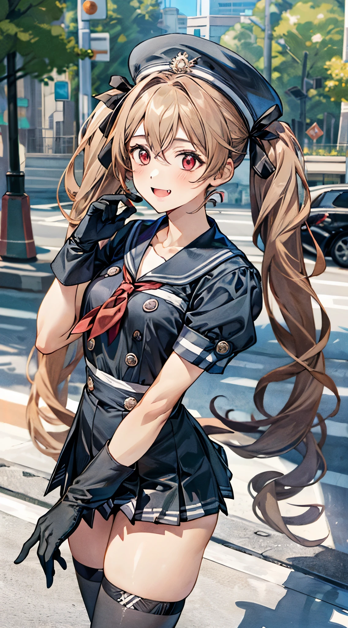 (masterpiece:1.3, Highest quality), Ultra-high resolution, Super detailed, (Realistic, photoRealistic:1.4), Beautiful illustrations, Perfect lighting, colorful, Depth of written boundary,
View your viewers, 1 person, alone, Miranda, (Medium chest:0.8, Big Ass, Captivating thighs, Skin Dentition),
(very long hair, Twin tails, (beige) hair), hair between eyes, Red eyes, Fang, Glowing Skin,
beautiful hair, Beautiful Face, Highly detailed face, Beautiful attention to detail, Beautiful clavicle, Beautiful body, Beautiful breasts, Beautiful thighs, Beautiful feet, Beautiful fingers,
(Black Hat, Seraph of the Black, abdomen, suspenders, Red neckerchief, black pleated mini skirt, Black gloves, Black knee socks),
(Beautiful views), Daytime, Outdoor, (walk), (Smile, Open your mouth),