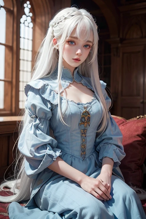 Highly detailed, medieval era, young girl, white hair, long hair with bangs, light blue left eyes and red right eyes, cinematic background