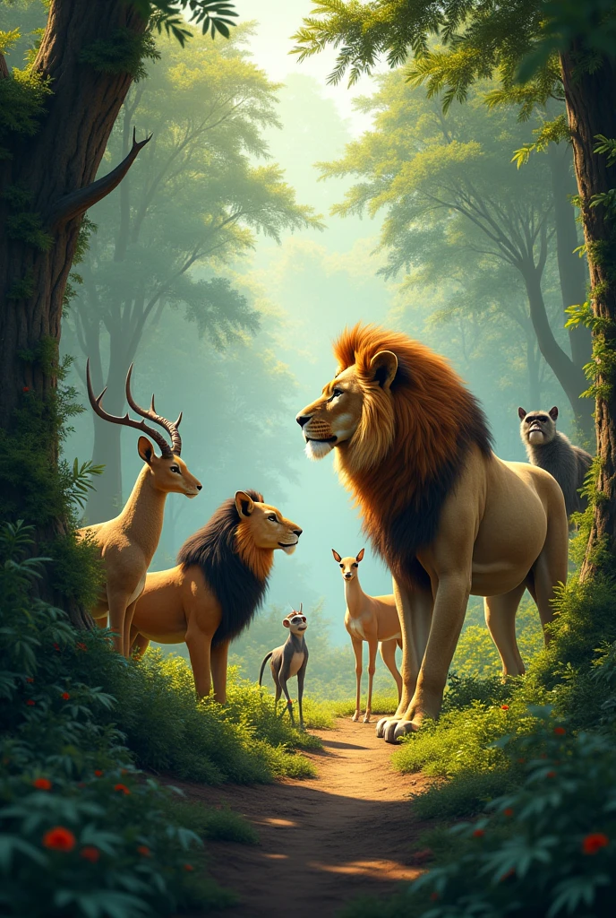 There are 10 species of all kinds in the forest, and the lion is talking.