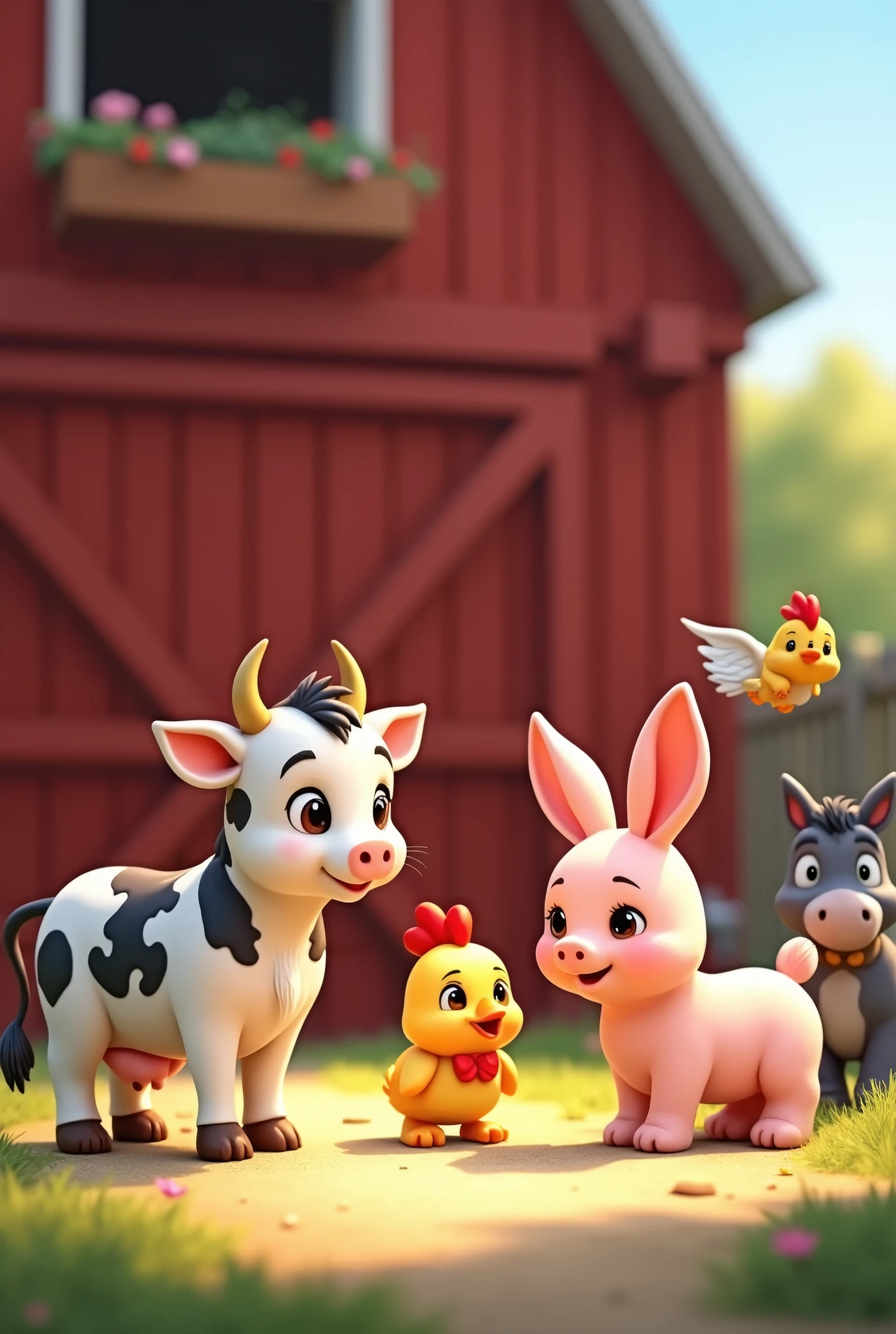 small cow, from sideways, four legged, fly away, Disney style, standing on the ground, in front of a red barn, com coelho fofo Disney style, galinha fly away Disney style, burro fofo Disney style, porquinha fly away Disney style junto ao seu filhote