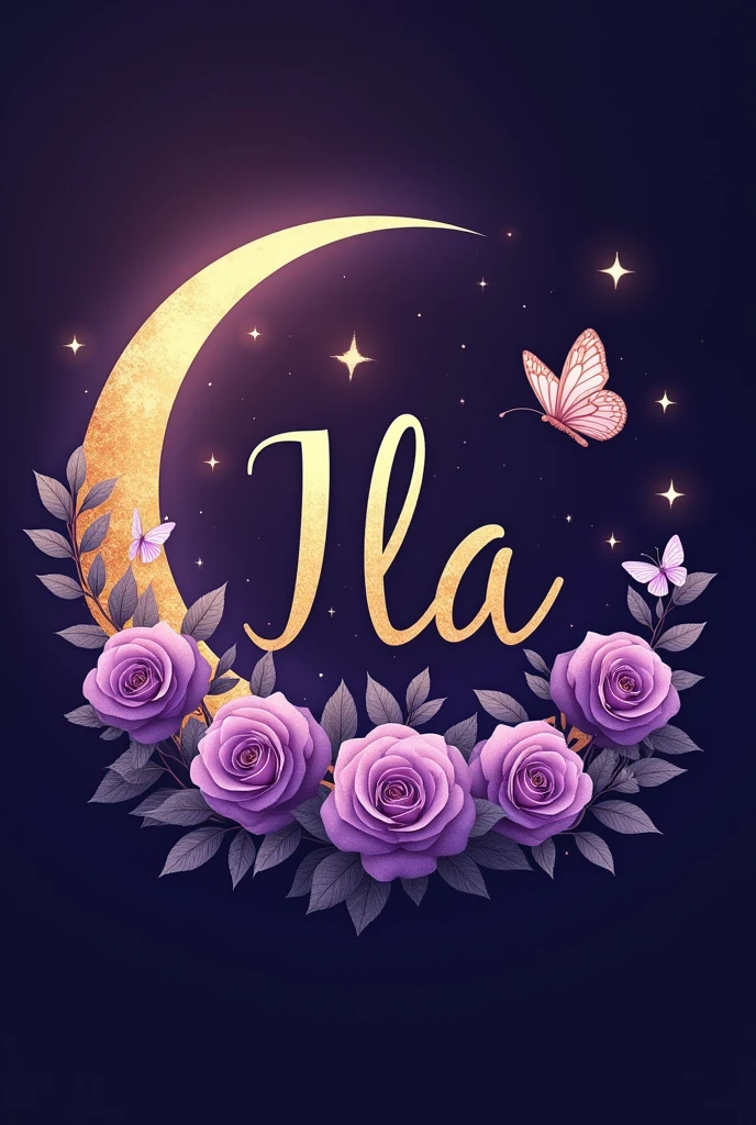 half moon decorated with purple roses and butterflies, by John La Gatta, artstation, seni digital, round logo, in the month, tifa lockaert, purple and gold color scheme, the letter ila in the middle, professional logo design, Twitter, from italica, sangat detail -i, flexible, it&#39;s afternoon, professional profile picture, catia, symbol