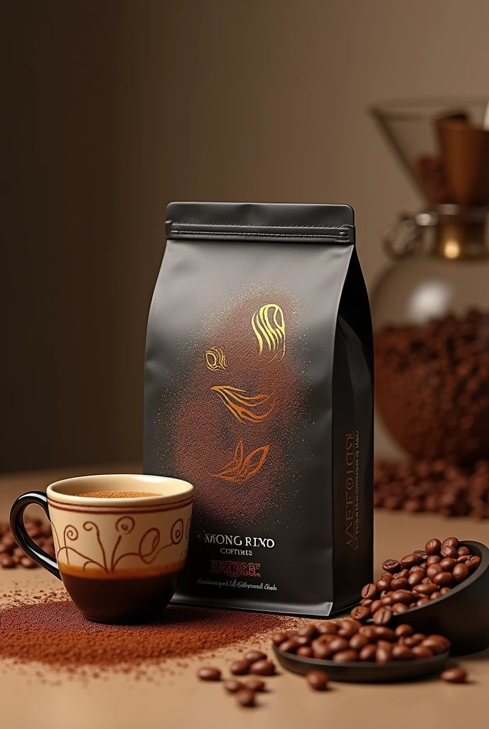 Photo of coffee product and its packaging with a unique concept, sprinkled with coffee and decorated with a cup filled with Ridwangrapher&#39;s drink on the packaging