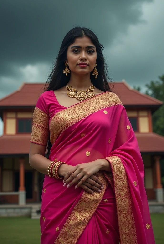 Beautiful woman,  pink saree south Indin saree, wearing heavy jewelry, in front of traditional South Indian big house ,hill background, dark cloud