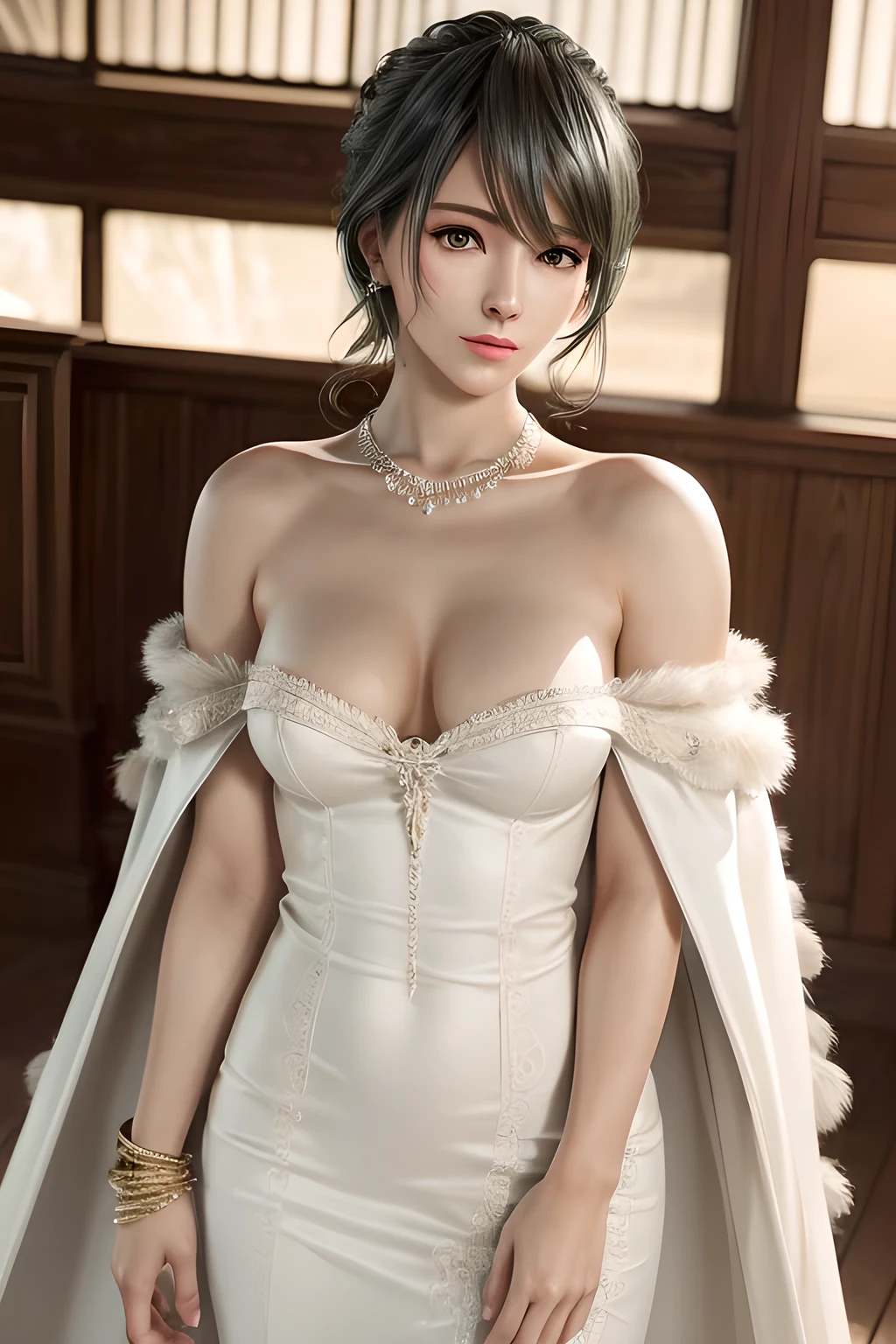 A lady with extraordinary temperament, she stands in a modern indoor space, as if she is a model from a fashion magazine. She is wearing a (pure white long fur cape), the softness and luster of which makes her look more noble under the light, and complements her (beige dress) underneath, showing her gentle temperament while maintaining a sense of fashion. The style of the dress is simple and generous, a perfect match, and it lengthens her figure, making her tall and charming. The lady's makeup is delicate and elegant, which just highlights her facial features and makes people unforgettable at first sight. Although the earrings and necklace she wears are not ostentatious, they add a bit of sophistication and nobility to her overall look. Her hair is casually draped over her shoulders, and every strand of hair exudes a natural luster,, (best quality,8k,highres,masterpiece:1.2),ultra-detailed,(realistic,photorealistic,photo-realistic:1.37),studio lighting,ultra-fine painting,sharp focus,physically-based rendering,extreme detail description,professional,vivid colors