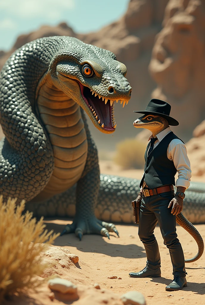 make a mafia cowboy lizard kill a giant rattlesnake
