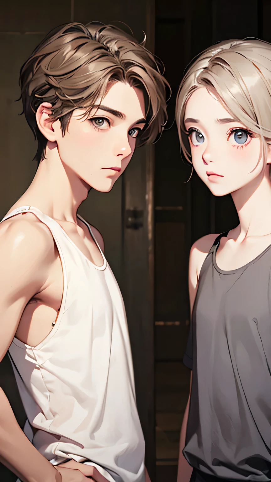Highest quality、Realistic、zoom、Two people、Alongside、male、twins、The same face、Same height、cute、Grey Eyes、Light brown hair、short hair、White tank top、Shorts、thin、Gazing at each other、living、Bust Shot