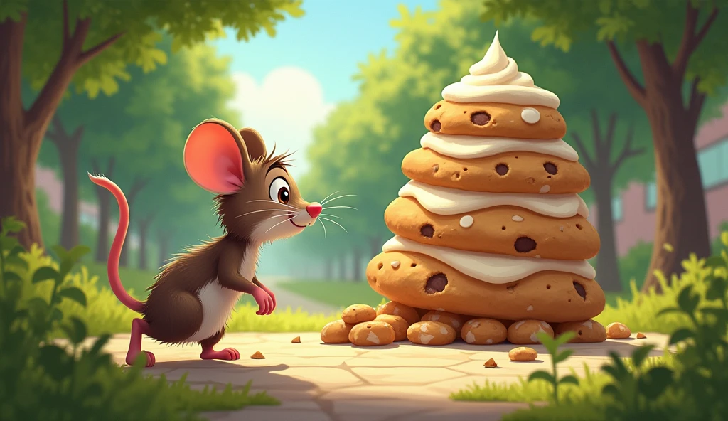 Phew!” Max the mouse whispered as he scurried past the now distracted cat. He arrived at the park just in time, where the Cookie Queen was setting up her stand. Max’s eyes widened as he spotted the biggest, fluffiest cookie he had ever seen!