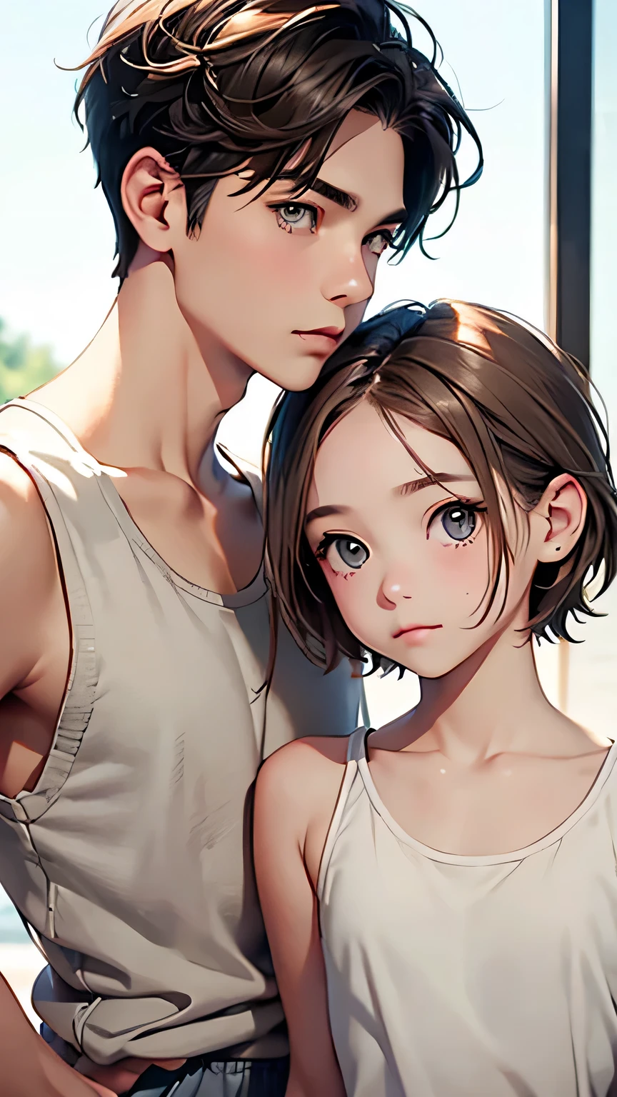 Highest quality、Realistic、zoom、Two people、Alongside、male、twins、The same face、Same height、cute、Grey Eyes、Light brown hair、short hair、White tank top、Shorts、thin、Gazing at each other、living、Bust Shot