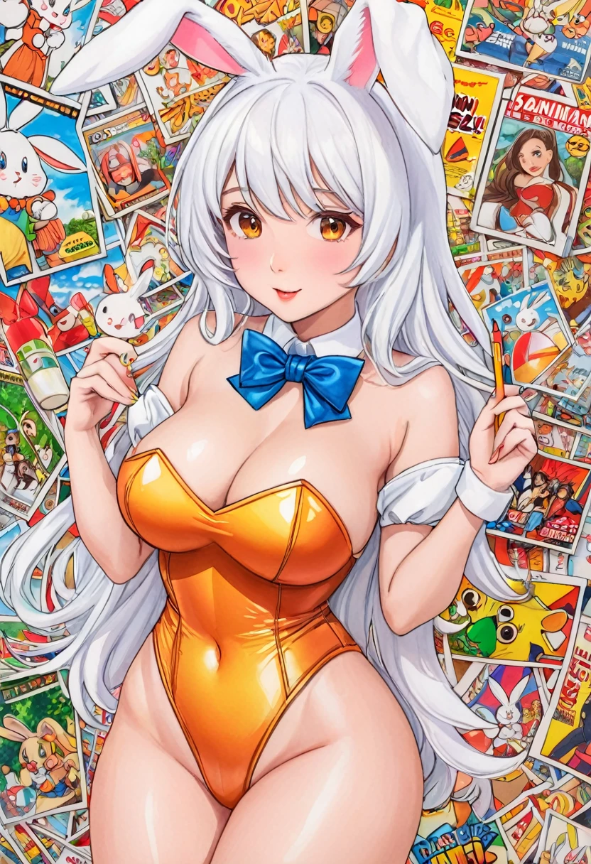 Women, bunny cosplay, white, art, advertising, colored pencil drawing, draft, comic collage, illustration
