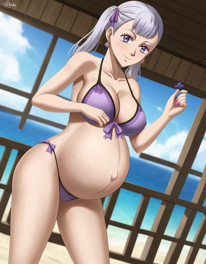 noelle_blackclover, Noelle Silva, Black Clover, long silver hair, waist-length hair, half-up half-down hairstyle, ribbon, side-parted bangs, almond-shaped blue eyes, high-quality, ultra-detailed, beast quality, 8K resolution,
looking at viewer, dutch angle, cowboy shot, smile, pregnant belly, large belly, big belly, big Breasts, belly button, Earrings,
1girl,solo, indoors, beach, happy, Smiling, rub belly,
full body, Nail polish,