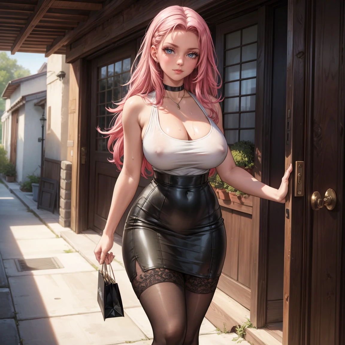 Masterpiece, beautiful art, 8k, art style by sciamano240, very detailed face, detailed hair, detailed clothes, detailed fabric, 1girl, beautiful face, long hair, hot pink hair , model head shot, facing camera, very detailed green eyes, sultry smile, wearing classy fall clothes, white tank top, black dior thigh boots, black pencil skirt, walking , out shopping, necklace, chocker, rosey cheeks, sunny fall setting, full body view, photorealistic, indirect lighting, volumetric light, ray tracing, hyper-detailed, best quality, ultra-high resolution, HDR, (8k, Best Quality, Masterpiece:1.2), Ultra Detail, RAW Photo, Super Resolution, Professional Photo, Extremely Detailed and Beautiful, lot of drool, sweat, belly inflation