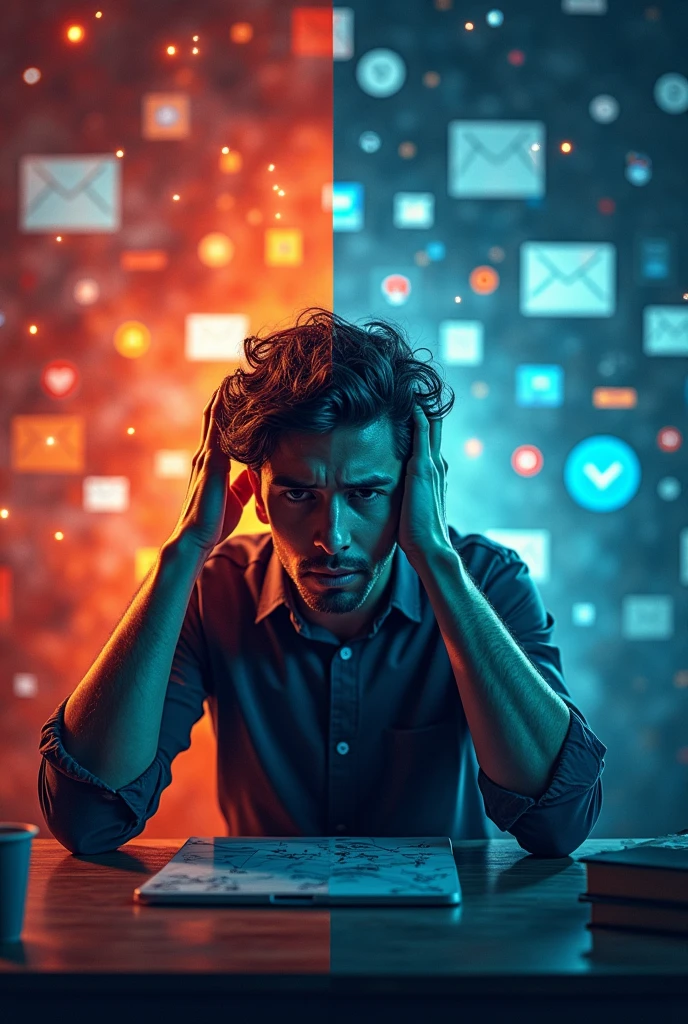 Design a split-screen graphic. On one side, depict a chaotic digital environment with overlapping notifications, flashing screens, and multiple device icons. On the other side, illustrate a person with a stressed expression, perhaps holding their head or sitting amidst clutter. Use contrasting colors to differentiate between the chaotic digital world and the person’s stress. One side is digital world and other side is the person is on. Show the person face with that stressed expression. Difference should be within person vs digital world use contrasting colors to show that i mean add symbols to show stress with person stressed expression on one side and on another side add digital world like AI
Color Palette: Bright reds, oranges, and neon colors for the chaotic side, and muted grays or dark blues for the stressed side.