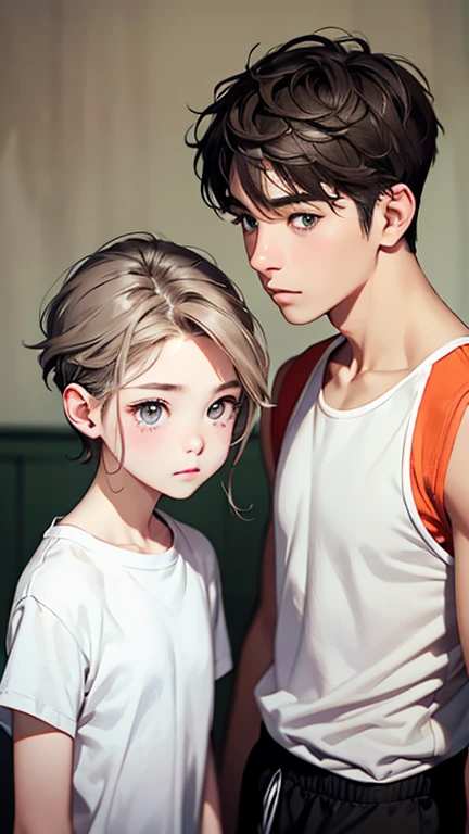 Highest quality、Realistic、zoom、Two people、Alongside、male、twins、The same face、Same height、cute、Grey Eyes、Light brown hair、short hair、White tank top、Shorts、thin、Gazing at each other、living、Bust Shot