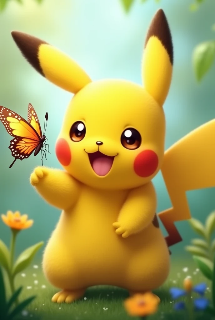 Cute Pikachu Pokemon of having butterfly on hand and happy face