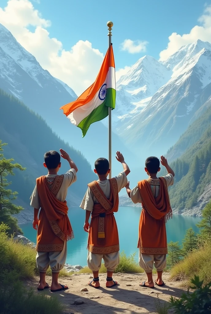Himalayan Sikkim Tibetan and Nepali tribal 10 years three boy saluting india national flag