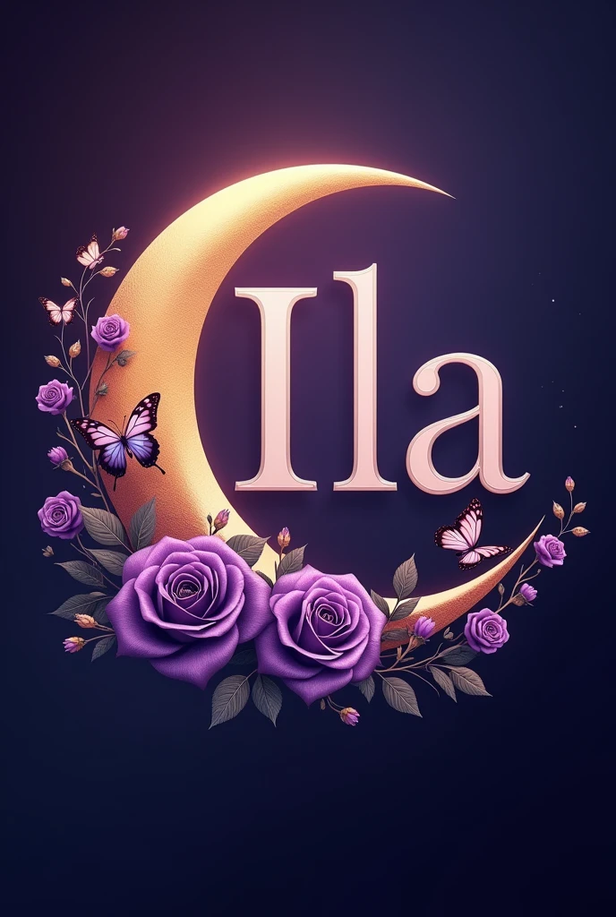 half moon decorated with purple roses and butterflies, by John La Gatta, artstation, seni digital, round logo, in the month, tifa lockaert, purple and gold color scheme, the letter ila in the middle, professional logo design, Twitter, from italica, sangat detail -i, flexible, it's afternoon, professional profile picture, catia, symbol