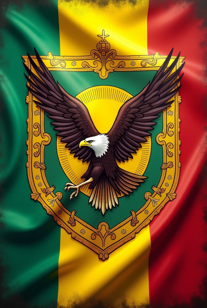 Crea una bandera parecida a la de rio grande do sul, pero con un ornero volando en un escudo con formato de un mate gaucho, sin tener la corona encima, añadele unos piñones en vez de hojas