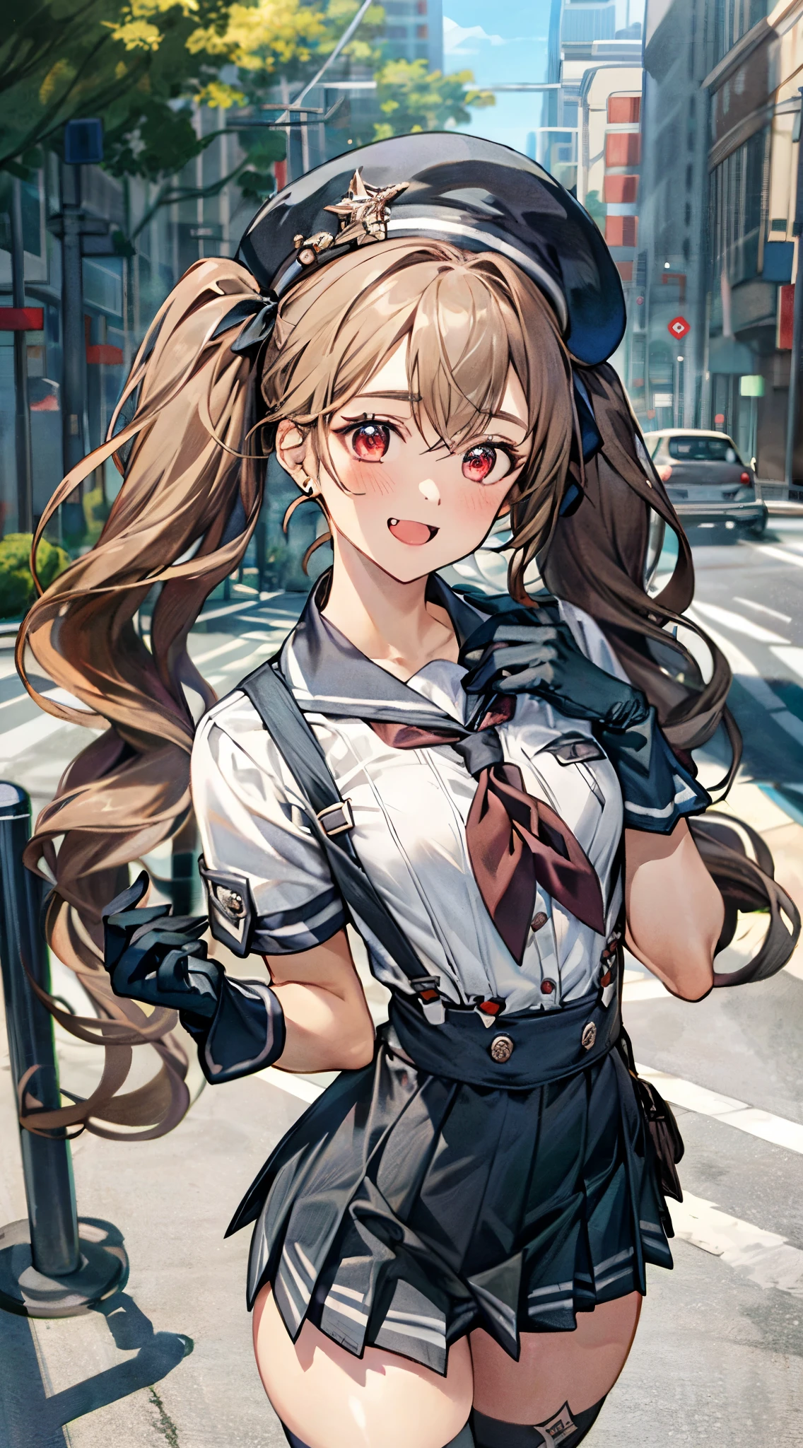 (masterpiece:1.3, Highest quality), Ultra-high resolution, Super detailed, (Realistic, photoRealistic:1.4), Beautiful illustrations, Perfect lighting, colorful, Depth of written boundary, 
View your viewers, 1 person, alone, Miranda, (Medium chest:0.8, Big Ass, Captivating thighs, Skin Dentition),
(very long hair, Twin tails, (beige) hair), hair between eyes, Red eyes, Fang, Glowing Skin, 
beautiful hair, Beautiful Face, Highly detailed face, Beautiful attention to detail, Beautiful clavicle, Beautiful body, Beautiful breasts, Beautiful thighs, Beautiful feet, Beautiful fingers, 
(Black Hat, Seraph of the Black, abdomen, suspenders, Red neckerchief, black pleated mini skirt, Black gloves, Black knee socks), 
(Beautiful views), Daytime, Outdoor, (walk), (Smile, Open your mouth), 