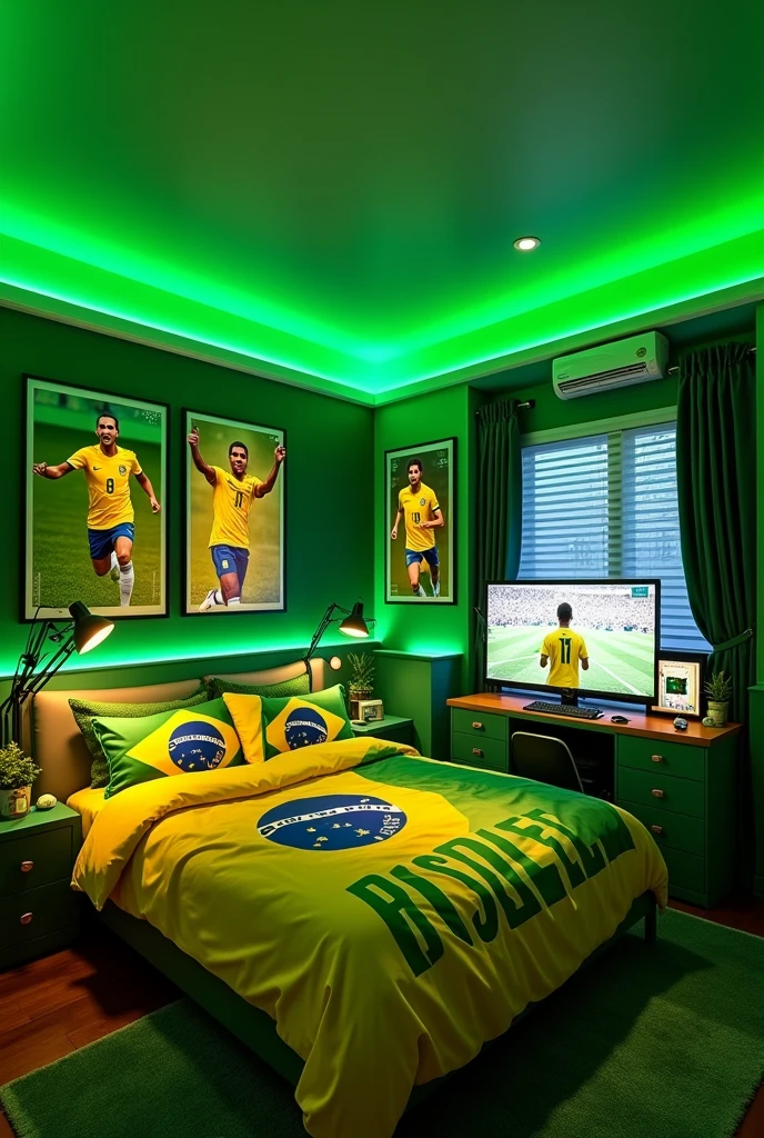 I want a modern bedroom green lights and room theme is green and yellow..and manu posters of pele in Brazil jersey and bedsheet of pele and green themed gaming setup with pele pic on its wallpaper... I want setup view also
