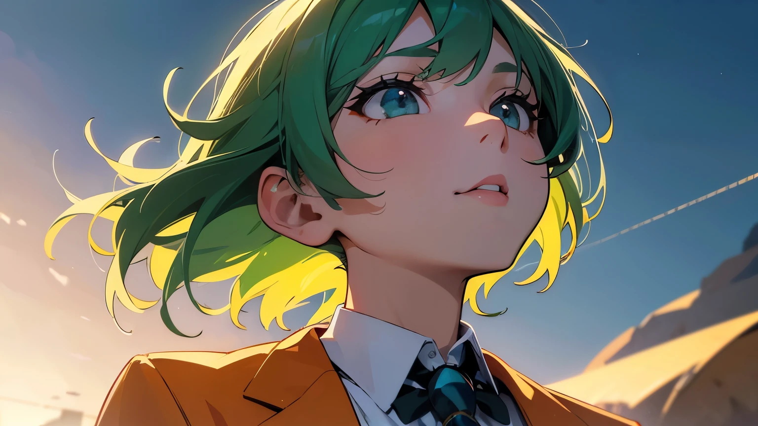 One person, , UHigh resolution, retina, masterpiece, Accurate, Anatomically correct, Textured skin, Super Detail, Attention to detail, high quality, Awards, 最high quality, High resolution, High resolution, 4K,(anime,8k,masterpiece, 最high quality, 最high quality,beautifully、aesthetic:1.2,Professional illustrations:1.1,Super detailed:1.3,Perfect lighting),Very detailed,Most detailed,Incredibly absurd,High resolution,Super detaileded,Complex:1.6, Looking Up Pose,Green Hair,Orange jacket,White collar shirt,Looking up at the grey sky with no blue sky