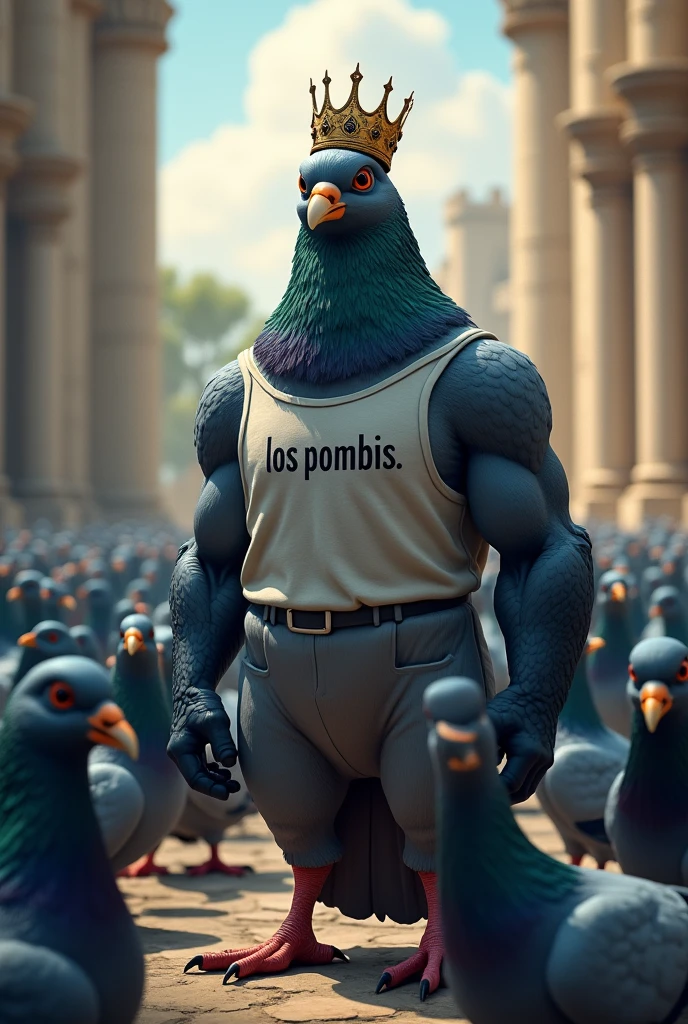 A MUSCULOUS KING PIGEON WITH A CROWN AND A SHIRT WRITTEN LOS POMBIS ON A CASTLE IN THE MIDDLE THAT STANDS OUT IN AN ARMY OF PIGEONS